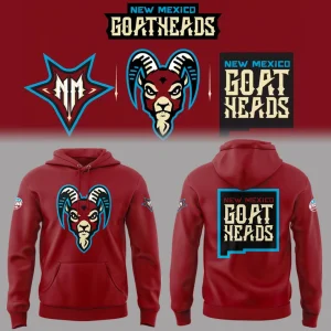 Design concept for the New Mexico Goatheads red hoodie, showing the front, back, and individual logo elements.