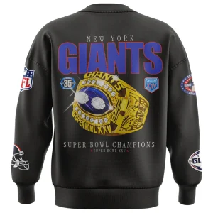 The back of a black New York Giants sweatshirt featuring a large graphic of the Super Bowl XXV championship ring and text celebrating the win.