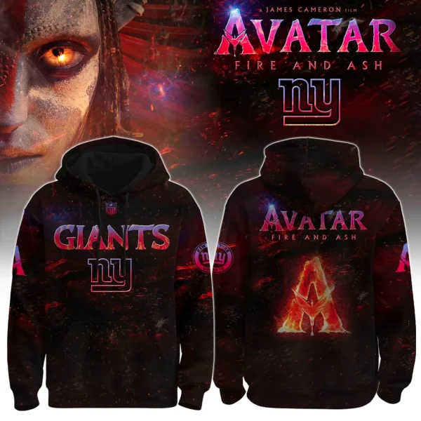 Front and back view of the New York Giants x Avatar 3 Fire and Ash hoodie, featuring team logos and movie-inspired fire graphics.