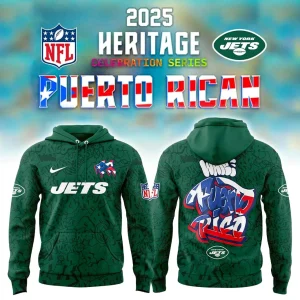 Front and back views of the New York Jets Puerto Rico Heritage 2025 special edition green hoodie with graffiti-style graphics.