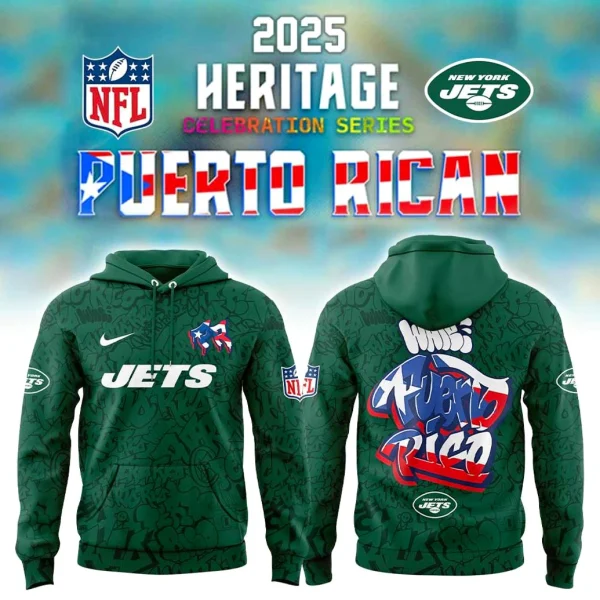 Front and back views of the New York Jets Puerto Rico Heritage 2025 special edition green hoodie with graffiti-style graphics.