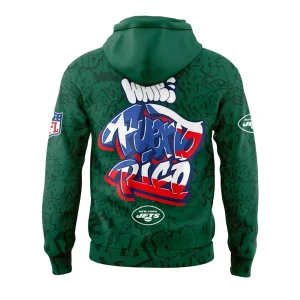 Back of the New York Jets Puerto Rico Heritage hoodie, featuring a large graffiti-style "Puerto Rico" graphic in flag colors.