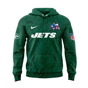 Front of the New York Jets Puerto Rico Heritage green hoodie, showing the JETS wordmark and a special Puerto Rican flag-themed logo.