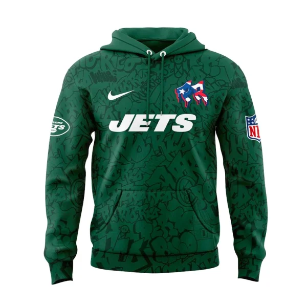 Front of the New York Jets Puerto Rico Heritage green hoodie, showing the JETS wordmark and a special Puerto Rican flag-themed logo.