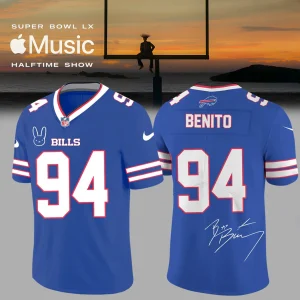 Front and back view of the Buffalo Bills Bad Bunny jersey with the name Benito, number 94, and a signature.