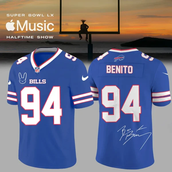 Front and back view of the Buffalo Bills Bad Bunny jersey with the name Benito, number 94, and a signature.