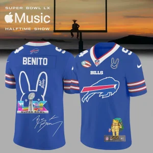 Front and back view of the blue Buffalo Bills NFL jersey collaboration with Bad Bunny, featuring custom Super Bowl graphics.