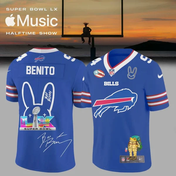 Front and back view of the blue Buffalo Bills NFL jersey collaboration with Bad Bunny, featuring custom Super Bowl graphics.