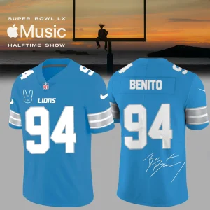Front and back view of the Detroit Lions Bad Bunny jersey with the name Benito, number 94, and a signature.