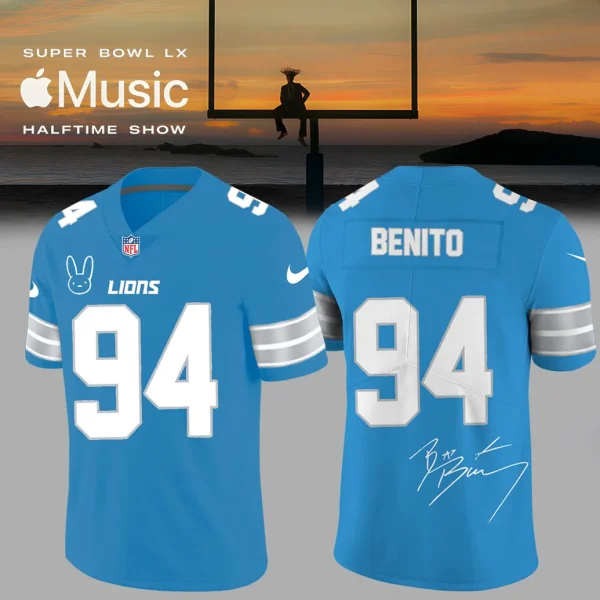 Front and back view of the Detroit Lions Bad Bunny jersey with the name Benito, number 94, and a signature.