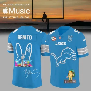 Front and back view of the light blue Detroit Lions NFL jersey collaboration with Bad Bunny for the Super Bowl.