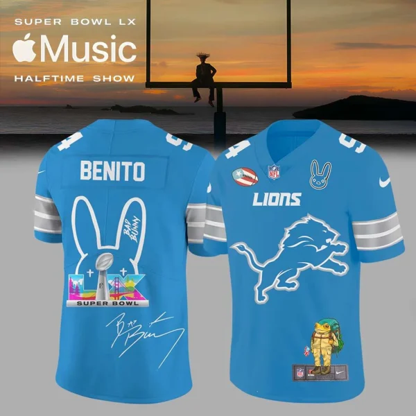 Front and back view of the light blue Detroit Lions NFL jersey collaboration with Bad Bunny for the Super Bowl.