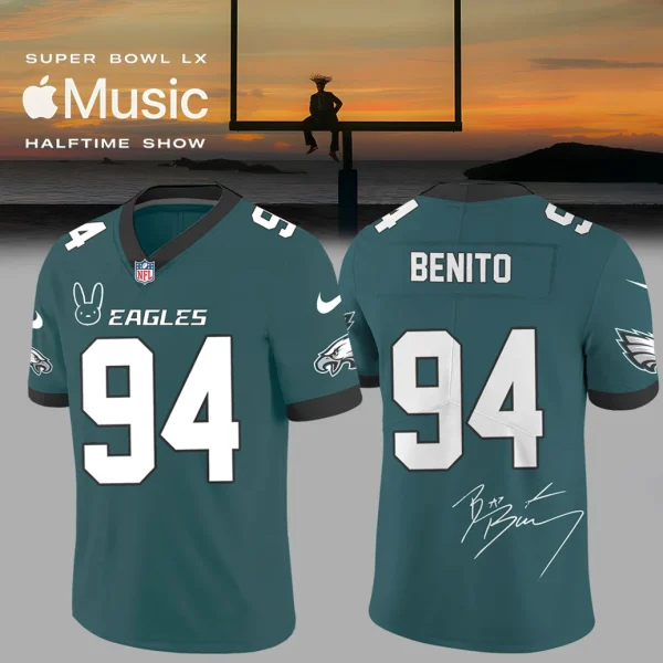 Front and back view of the Philadelphia Eagles Bad Bunny jersey with the name Benito, number 94, and a signature.