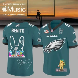 Front and back view of the green Philadelphia Eagles NFL jersey collaboration with Bad Bunny for the Super Bowl.