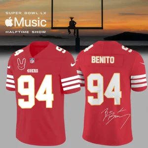 Front and back view of the San Francisco 49ers Bad Bunny jersey with the name Benito, number 94, and a signature.