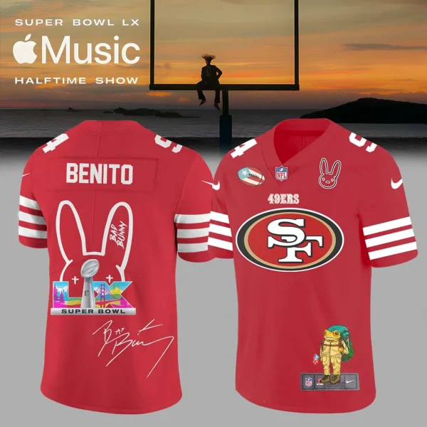 Front and back view of the red San Francisco 49ers NFL jersey collaboration with Bad Bunny for the Super Bowl.