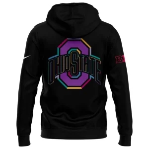 Back of the black Ohio State 2025 Crucial Catch hoodie with a large, multi-colored geometric Ohio State logo.