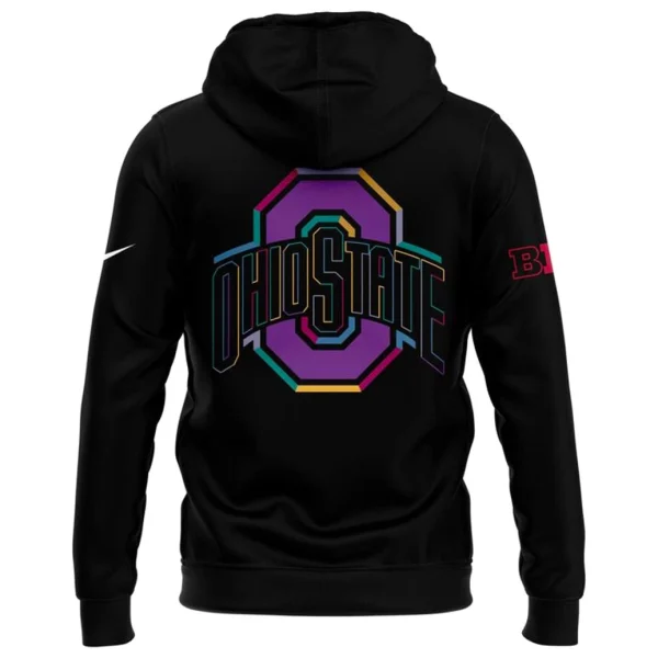 Back of the black Ohio State 2025 Crucial Catch hoodie with a large, multi-colored geometric Ohio State logo.