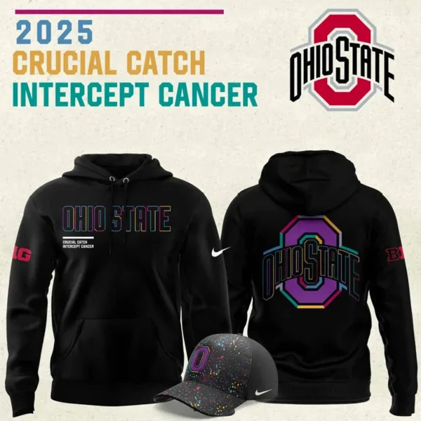 The Ohio State 2025 Crucial Catch hoodie, front and back views, shown with a matching hat to support cancer awareness.