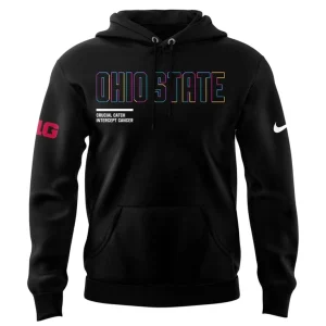 Front of the black Ohio State 2025 Crucial Catch hoodie featuring multi-colored "Ohio State" text on the chest.