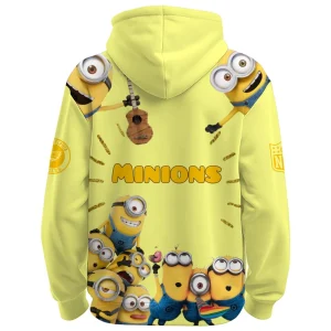 The back of the yellow Eagles x Minions hoodie, covered in graphics of playful Minions characters and the word MINIONS.