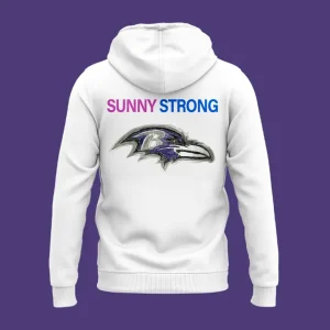 Back of the white Baltimore Ravens hoodie featuring the phrase "SUNNY STRONG" in multi-colored text above the team logo.