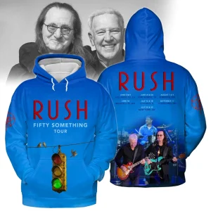 A blue 3D hoodie from the Rush Fifty Something Tour 2026 collection, displaying front and back graphics with tour dates.