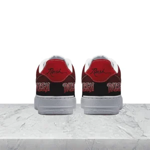 Rear view of the Rush custom Air Force 1 sneakers, displaying the red heel tab with signature detail and the Rush band logo.
