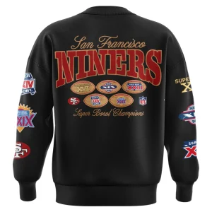 Back of the San Francisco 49ers sweatshirt with vintage "NINERS" text and graphics celebrating their five Super Bowl championships.