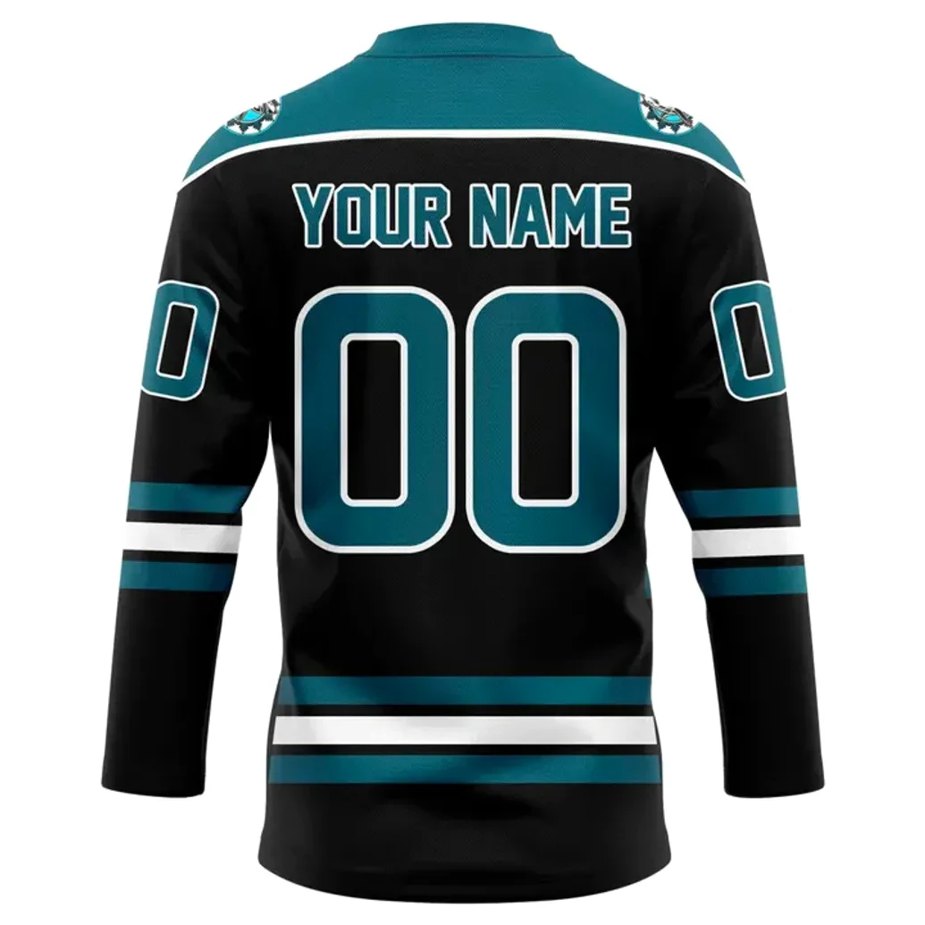 Back View — Custom Name And Number On San Jose Sharks 2025 Heritage Jersey Back view of black jersey showing customizable "YOUR NAME" above large "00" in teal outlined in white, shoulder patch details, and coordinating teal and white striping on sleeves and hem.
