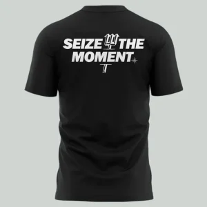 Back of the black Seattle Mariners 2025 ALCS Champions shirt with the white text "SEIZE THE MOMENT" and a trident logo.