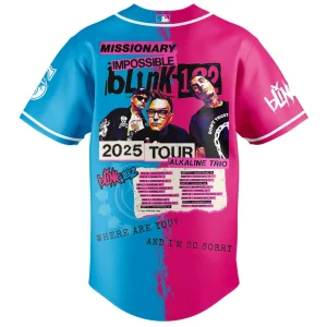 Back of the Seattle Mariners Blink-182 jersey showing the Missionary Impossible 2025 Tour graphic with a list of tour dates.