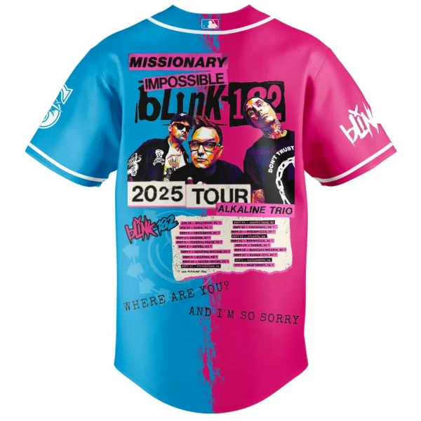 Back of the Seattle Mariners Blink-182 jersey showing the Missionary Impossible 2025 Tour graphic with a list of tour dates.