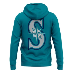 The back of the teal Seattle Mariners hoodie featuring the large S-shaped compass rose team logo in white and silver.