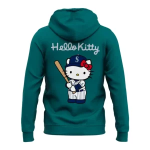 Back of the green Seattle Mariners x Hello Kitty hoodie, featuring a large graphic of Hello Kitty in a team uniform holding a bat.