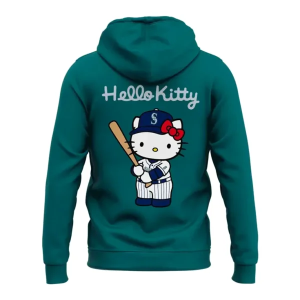 Back of the green Seattle Mariners x Hello Kitty hoodie, featuring a large graphic of Hello Kitty in a team uniform holding a bat.