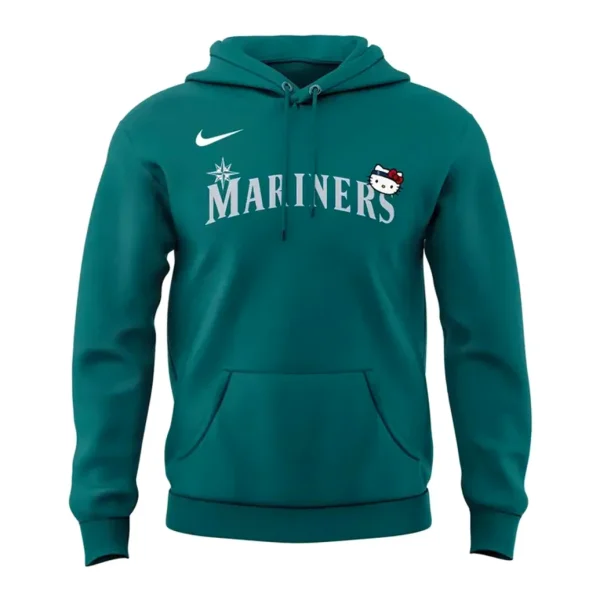 Front of the green Seattle Mariners x Hello Kitty hoodie, showing the Mariners logo across the chest with Hello Kitty's head.