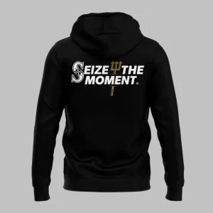 Black hoodie back view featuring Seize the Moment graphic and Mariners emblem in white.
