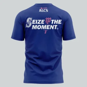 Back of the blue Seattle Mariners t-shirt with the team logo and the text "SEIZE THE MOMENT" with a trident graphic and "2025 ALCS".