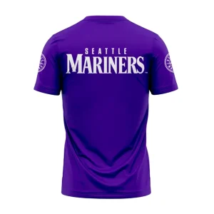 Back view of the purple Seattle Mariners Spirit Day t-shirt with "SEATTLE MARINERS" in white lettering across the shoulders.