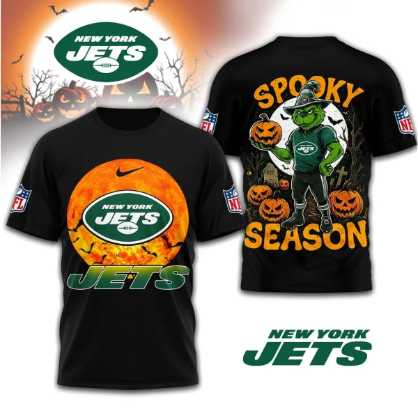 A promotional image showing the front and back of the Seattle Seahawks Spooky 3D T-Shirt against a Halloween background.