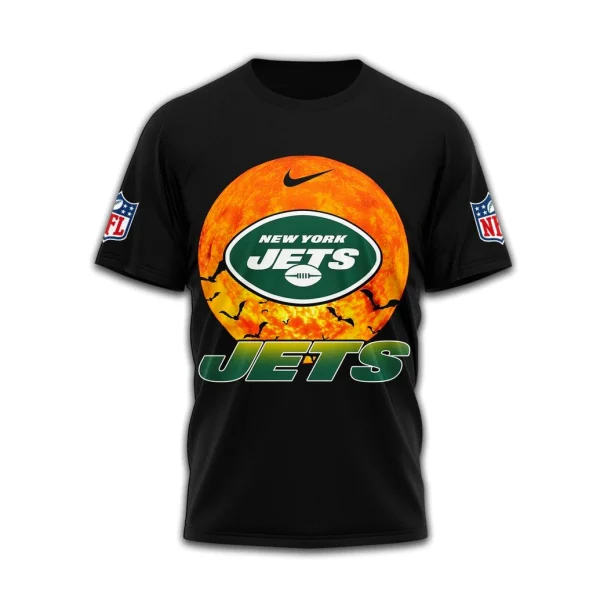 Close-up of the front of the Seattle Seahawks 3D T-shirt, featuring the team logo on a large, fiery orange moon.