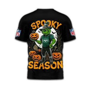 Close-up of the back of the Seattle Seahawks 3D T-shirt with a spooky character in a witch hat and "Spooky Season" text.