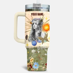 Side view of the Stevie Nicks tumbler with a large handle, showcasing the customizable name area above her ethereal portrait collage.
