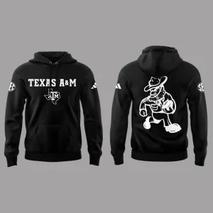 A black Texas A&M hoodie shown from the front and back. The front reads "TEXAS A&M" and the back features a cartoon mascot.