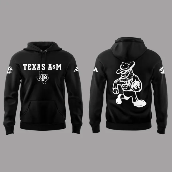 A black Texas A&M hoodie shown from the front and back. The front reads "TEXAS A&M" and the back features a cartoon mascot.