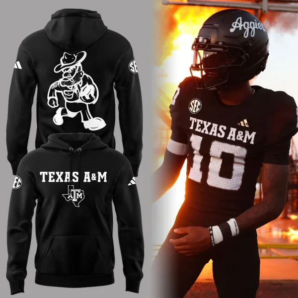 Composite image featuring the front and back of the black Texas A&M hoodie and a player in the Blackout gameday uniform.
