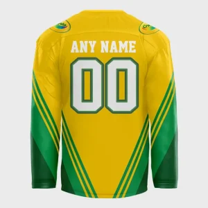 The back of the yellow and green Toledo Walleye Crayola Night jersey, showing the area for a custom name and number.