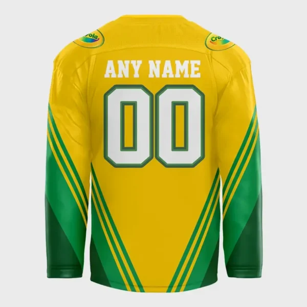 The back of the yellow and green Toledo Walleye Crayola Night jersey, showing the area for a custom name and number.