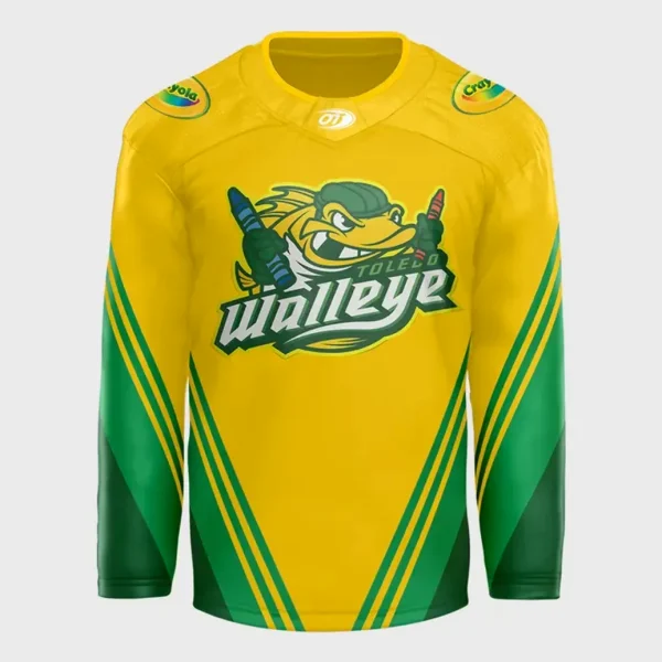The front of the Toledo Walleye Crayola Night jersey, featuring a yellow body, green sleeves, and the team mascot holding crayons.